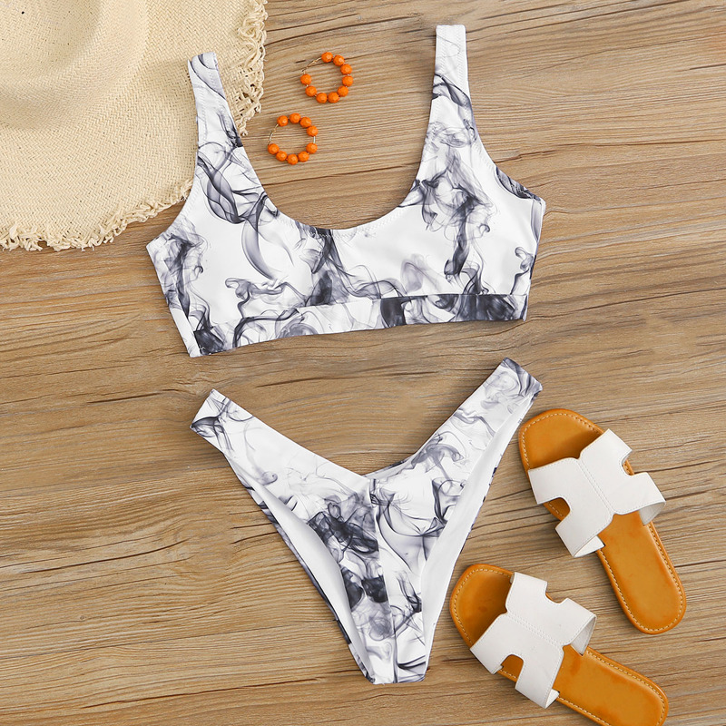 

Allover Print Cheeky Bikini Swimsuit, Grey