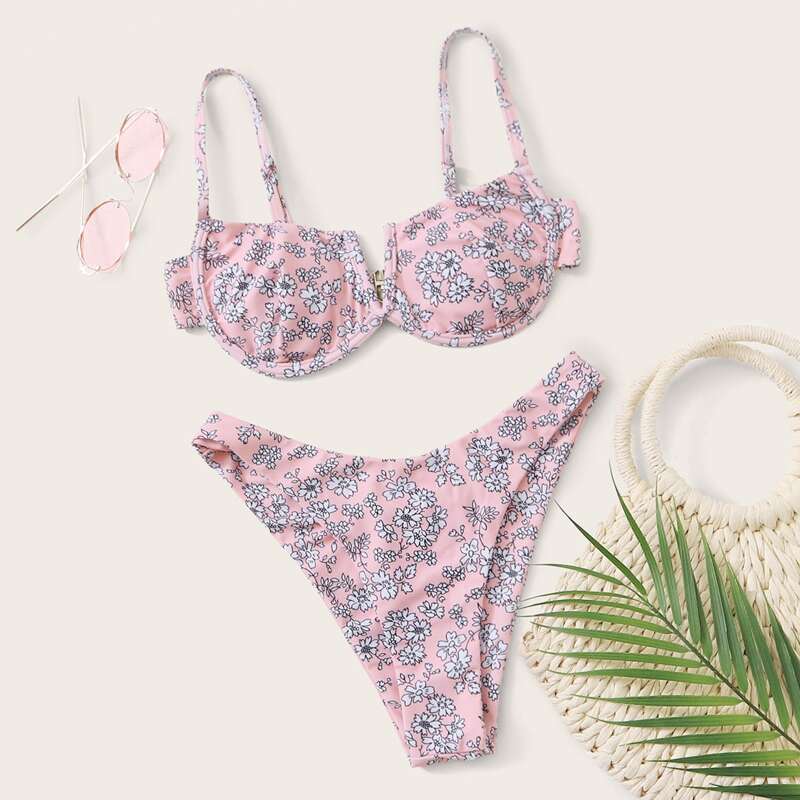 

Floral V Wired Underwire High Cut Bikini Swimsuit, Pink