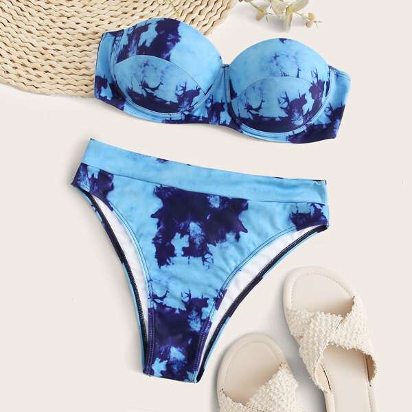 

Tie Dye Push Up Bandeau Bikini Swimsuit, Multicolor