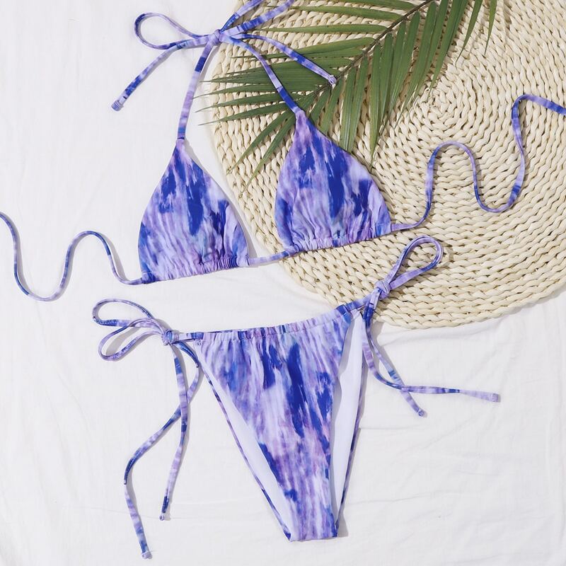

Tie Dye Triangle Tie Side Bikini Swimsuit, Purple