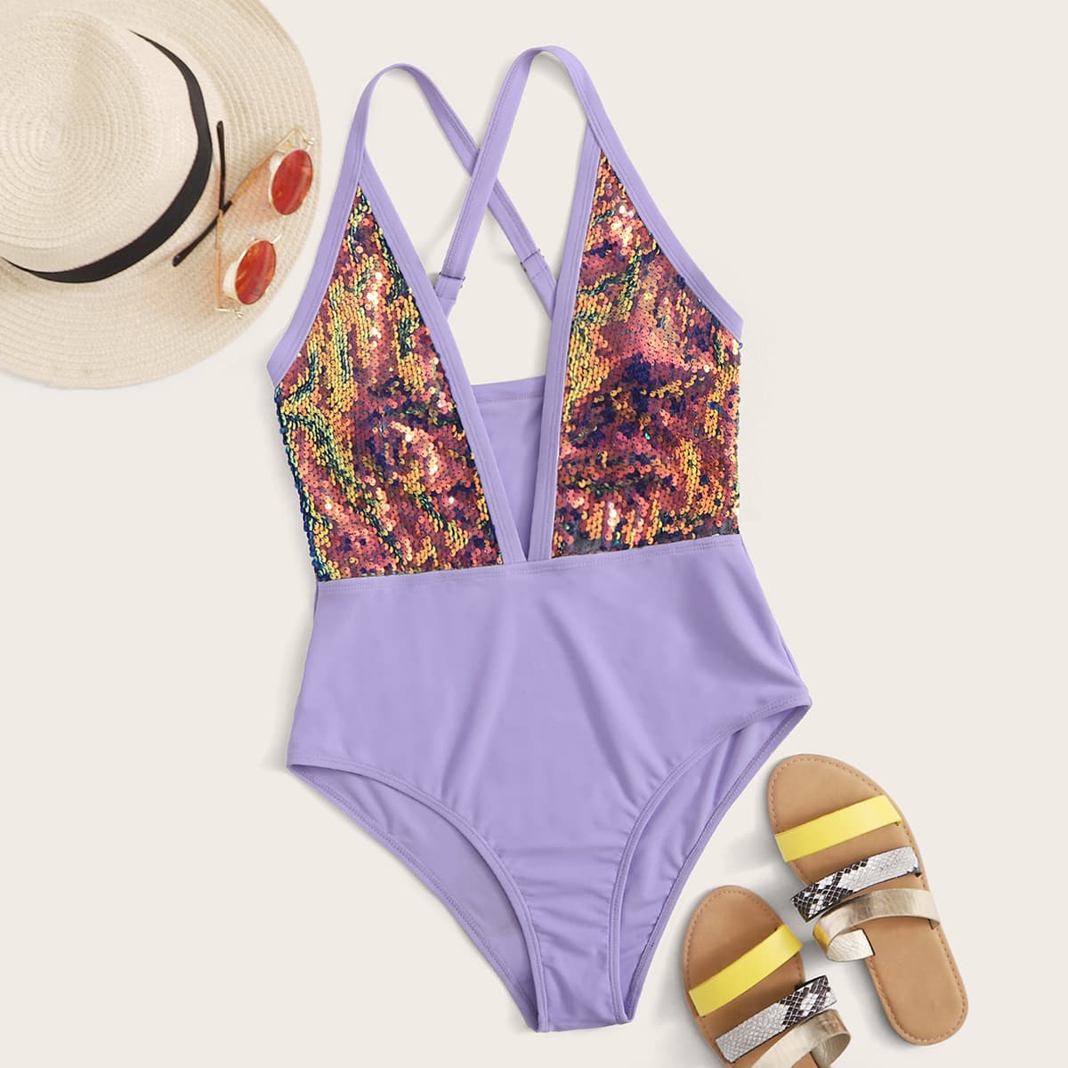 

Contrast Sequin One Piece Swimsuit, Purple