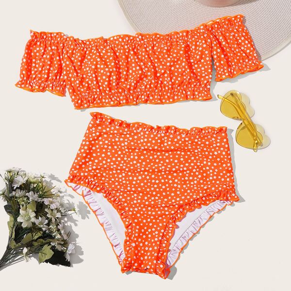 

Ditsy Floral Frill Bardot High Waisted Bikini Swimsuit, Orange