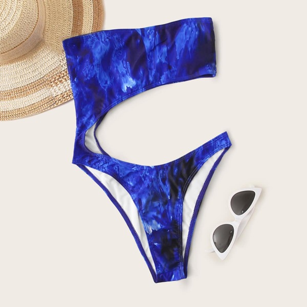 

Tie Dye Cut-out Bandeau One Piece Swimsuit, Blue