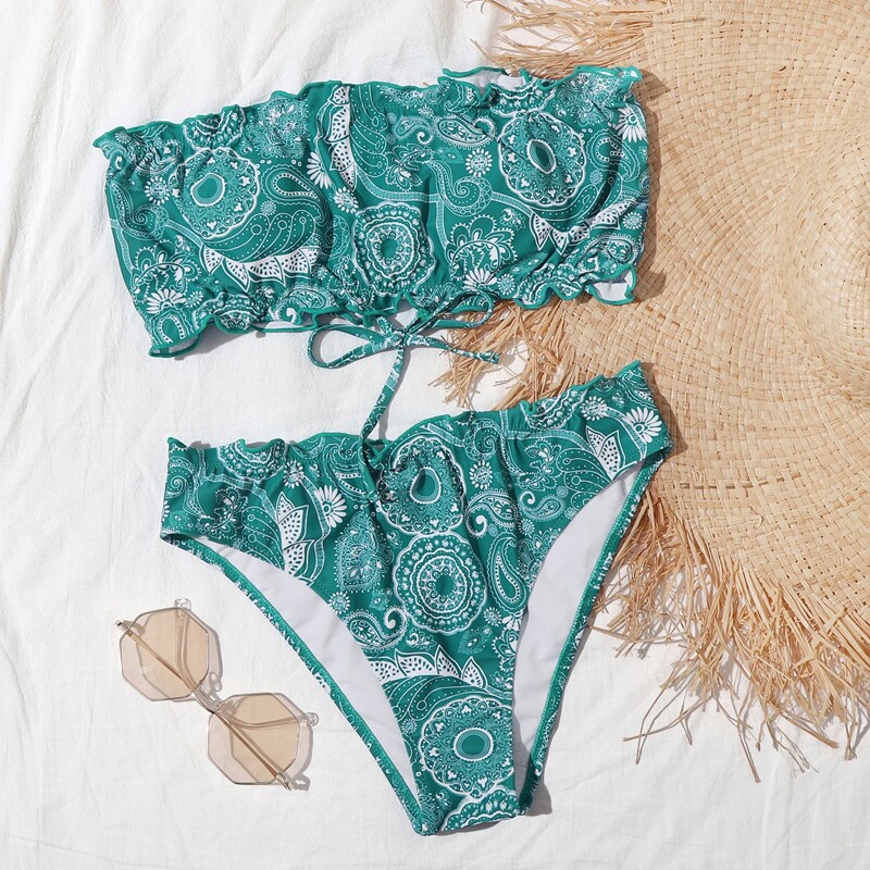 

Tribal Lettuce Trim Bandeau Bikini Swimsuit, Green