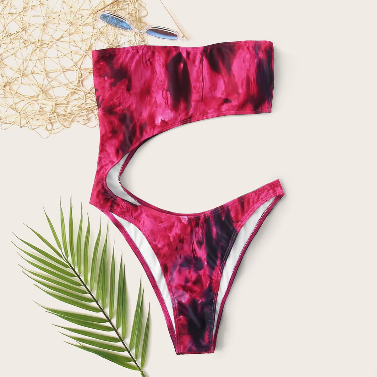 Tie Dye Cut-out Bandeau One Piece Swimsuit, Pink
