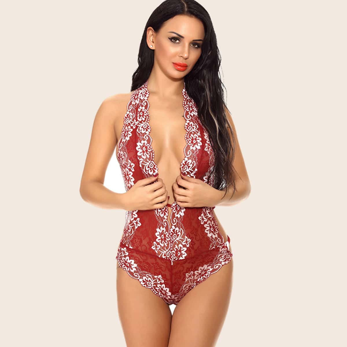 

Floral Lace Plunging Teddy Bodysuit, Burgundy