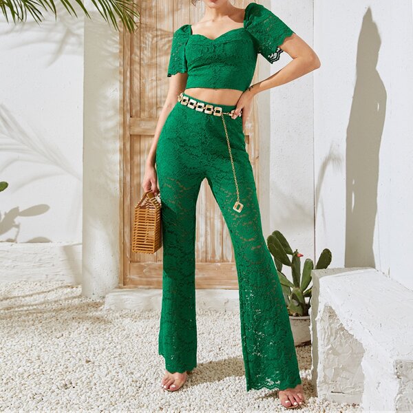 

Sweetheart Neck Lace Crop Top & Sheer Flare Leg Pants Set Without Belt, Green