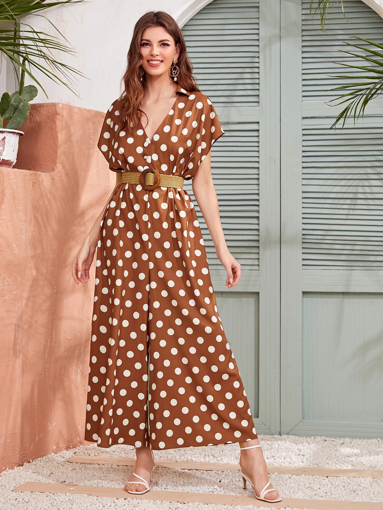 Polka Dot Belted Wide Leg Jumpsuit Shein Usa