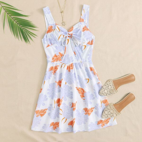 

Plants & Floral Print Knot Front Cami Dress, Multicolor