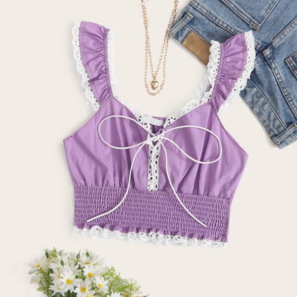 

Schiffy Panel Tie Front Shirred Top, Purple