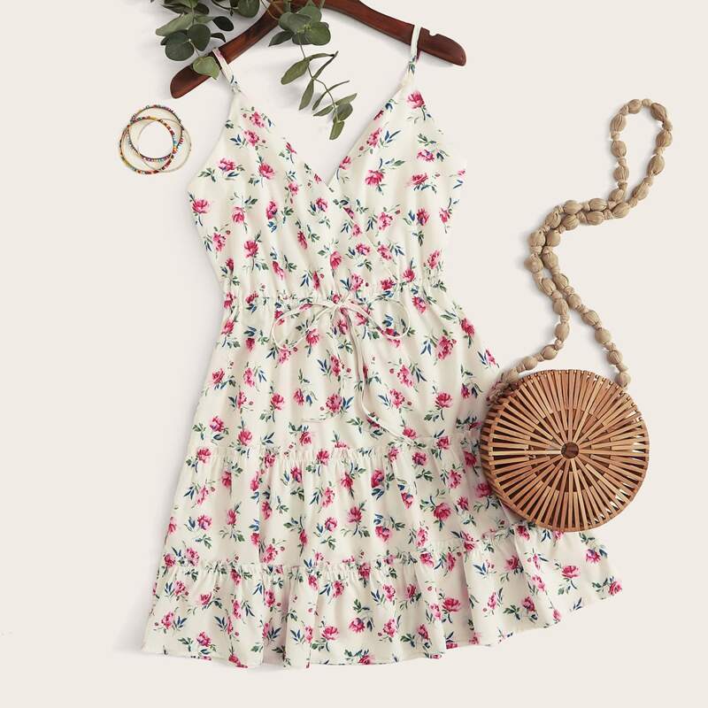 

Floral Print Surplice Cami Dress, Beige
