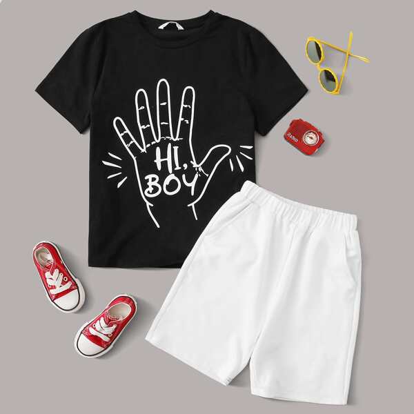 

Boys Slogan and Hand Print Top & Shorts Set, Black and white