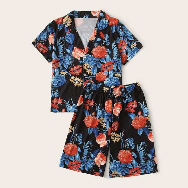 

Boys Floral & Leaf Print PJ Set, Multicolor