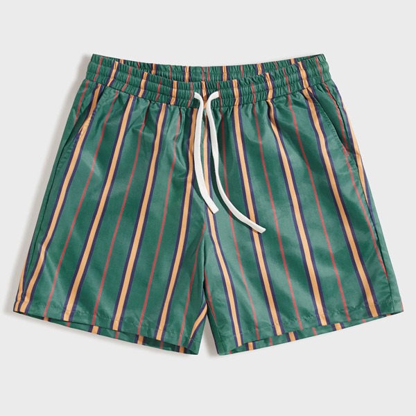 

Men Drawstring Elastic Waist Striped Shorts, Green