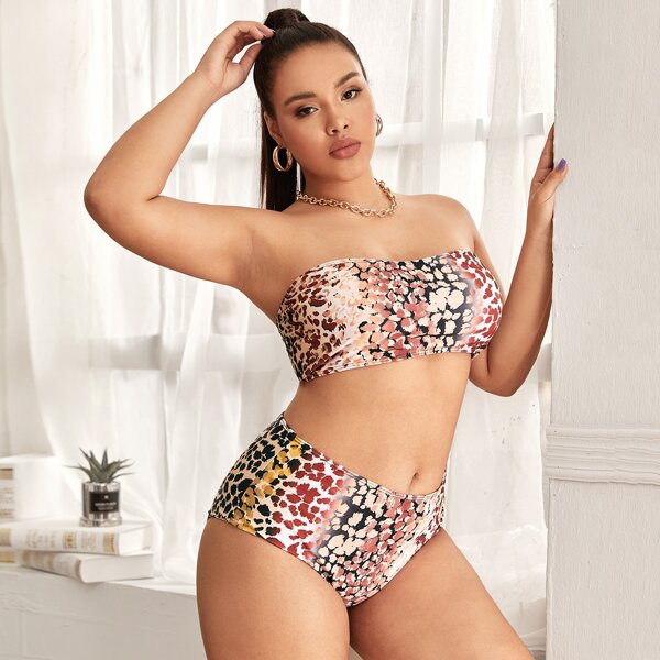

Plus Leopard Halter High Waisted Bikini Swimsuit, Multicolor