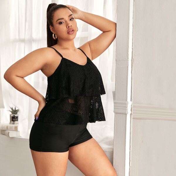 

Plus Tiered Layer Shorts Bikini Swimsuit, Black