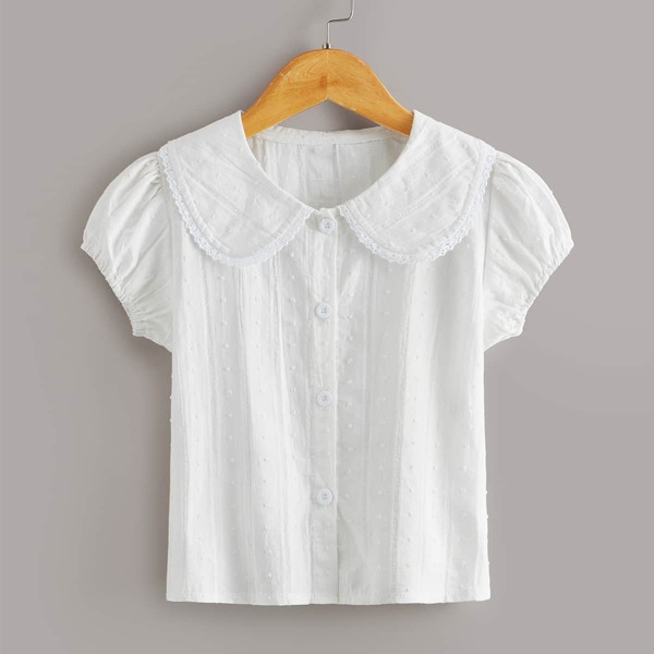 

Toddler Girls Lace Trim Peter Pan Collar Button Front Blouse, White