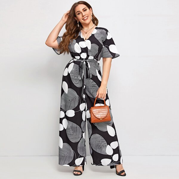 

Plus Surplice Neck Self Belted Wide Leg Jumpsuit, Black and white