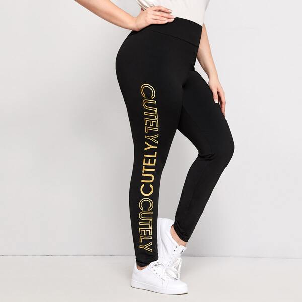 

Plus Wide Waistband Letter Graphic Leggings, Black