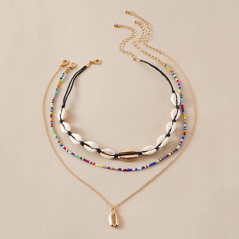 

1pc Shell Decor Beaded Layered Necklace, Multicolor
