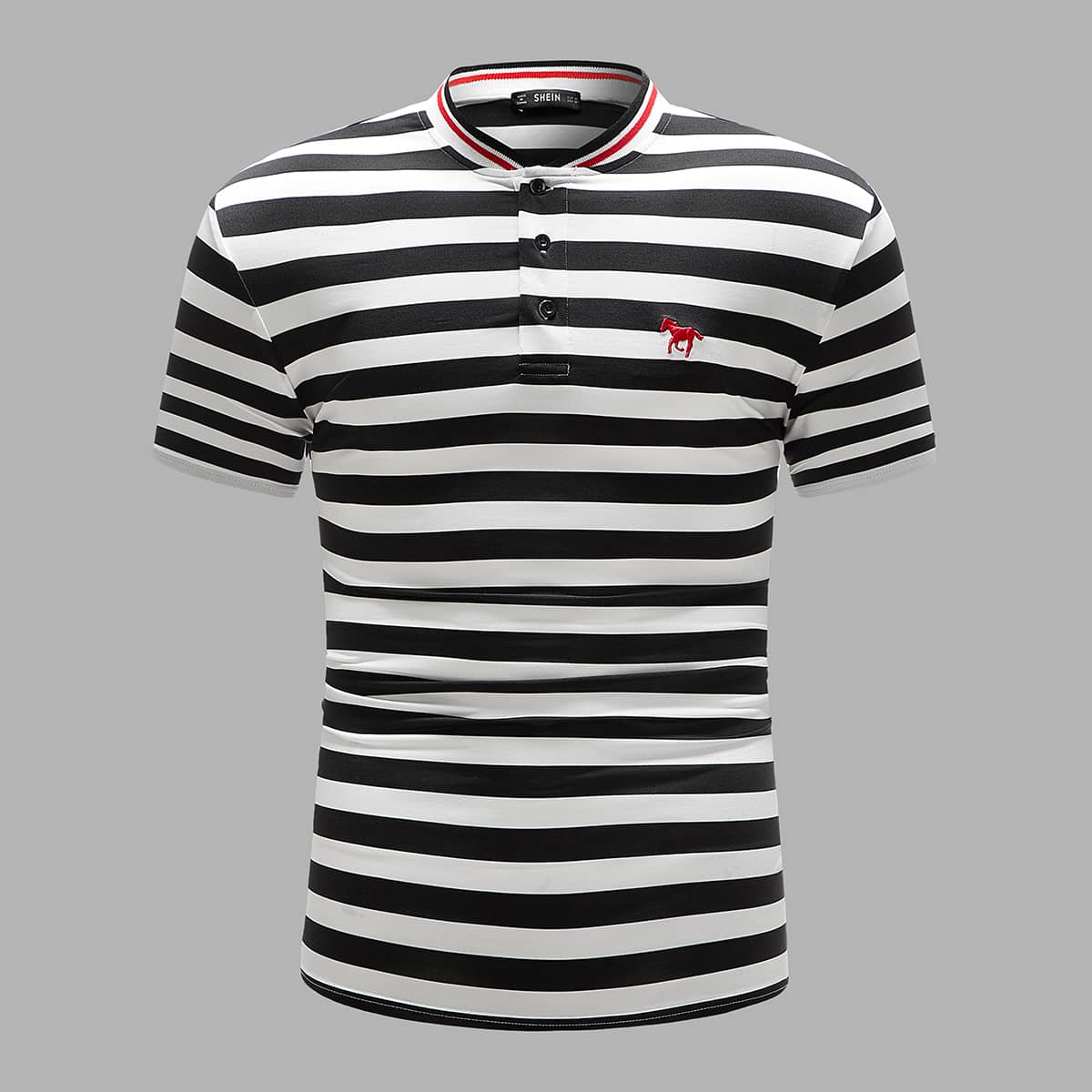 

Guys Button Front Horse Embroidery Striped Polo Shirt, Black and white