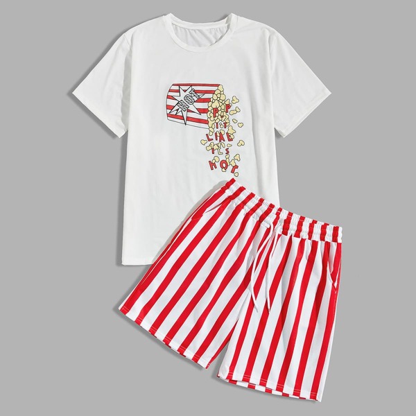 

Men Popcorn And Letter Graphic Tee & Striped Shorts, Multicolor