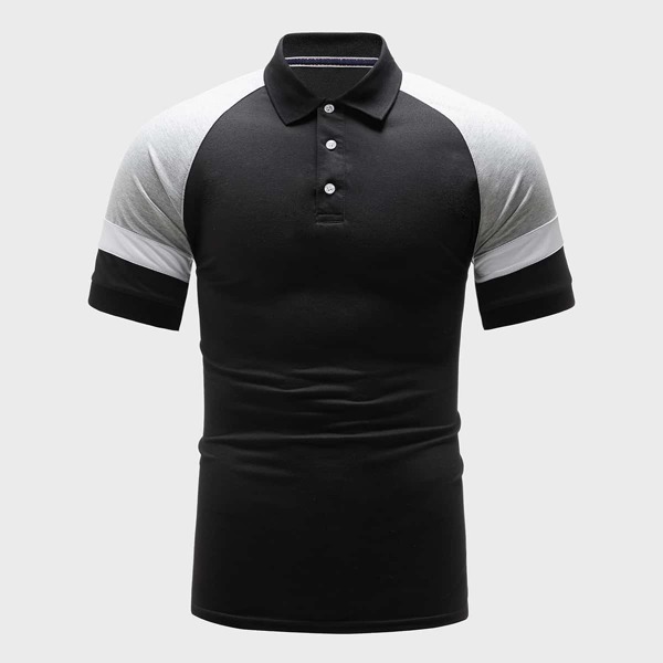 

Men Raglan Sleeve Color Block Polo Shirt, Black