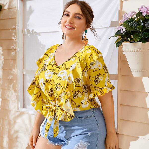 

Plus Ruffle Detail Knot Hem Floral Top, Yellow