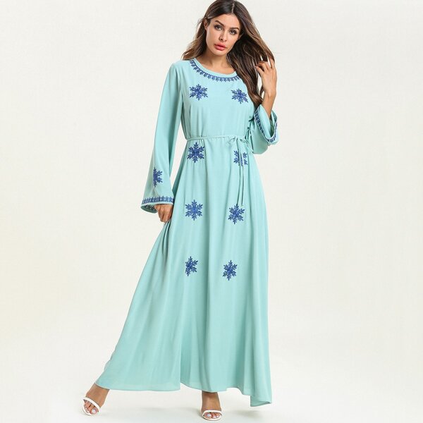 

Floral Embroidered Tie Front Dress, Green