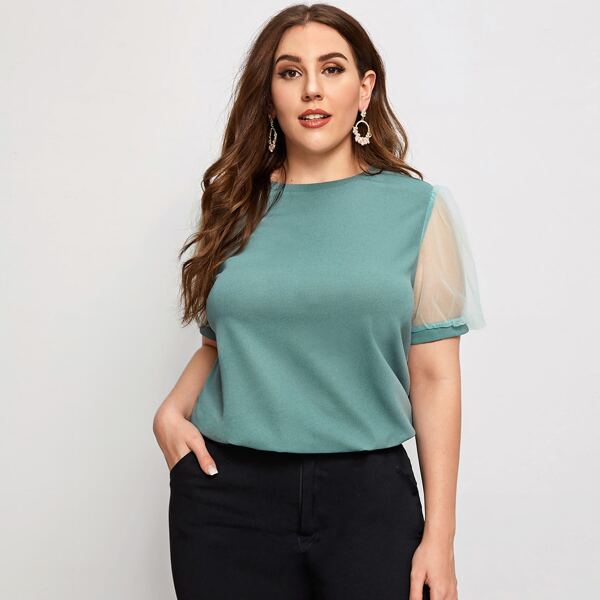 

Plus Keyhole Back Mesh Puff Sleeve Top, Pastel green