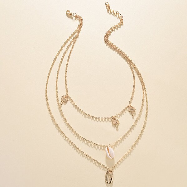 

1pc Shell & Tree Charm Layered Necklace, Gold