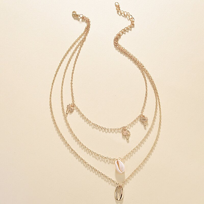 

1pc Shell & Tree Charm Layered Necklace, Gold