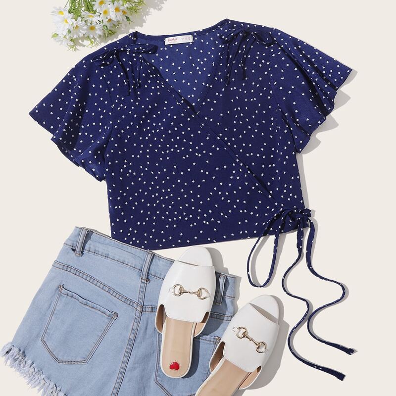 

Allover Star Wrap Crop Top, Navy blue