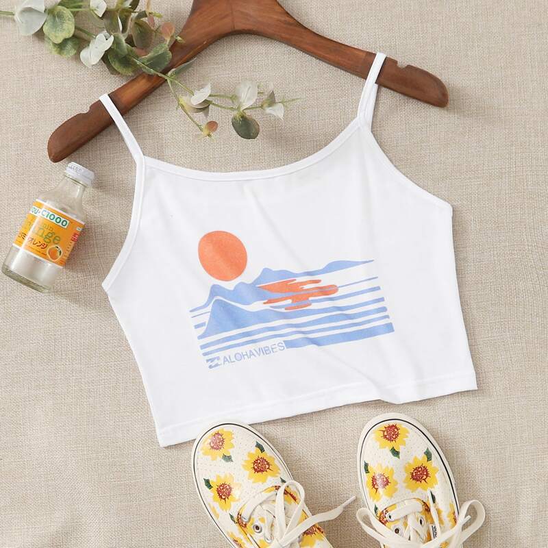 

Graphic Print Crop Cami, White