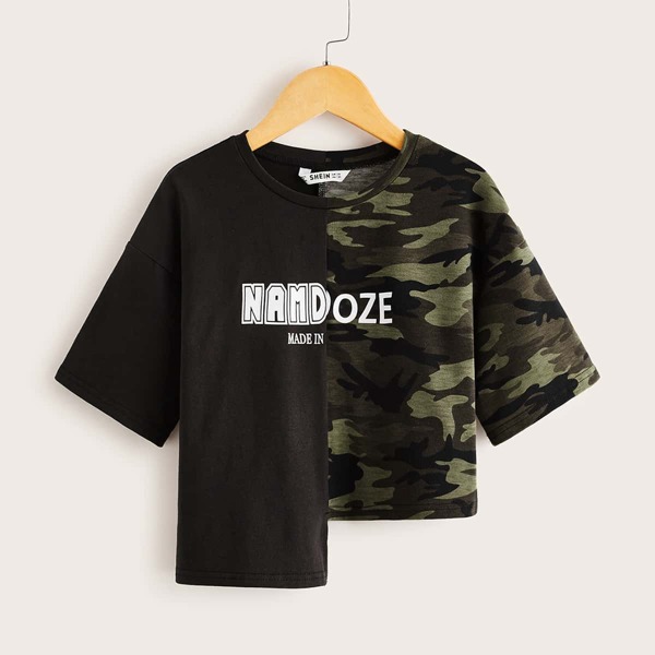 

Girls Asymmetrical Hem Letter Graphic Camo Print Tee, Multicolor