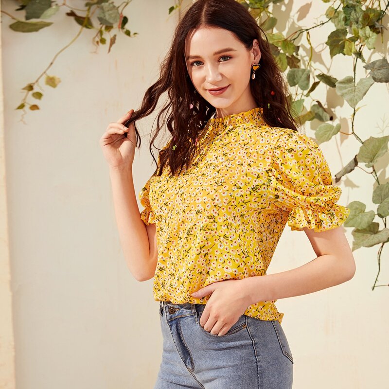 

Mock-Neck Ruffle Trim Ditsy Floral Top, Yellow