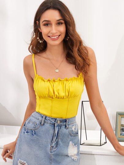 Ruched Bust Frill Trim Solid Cami Top