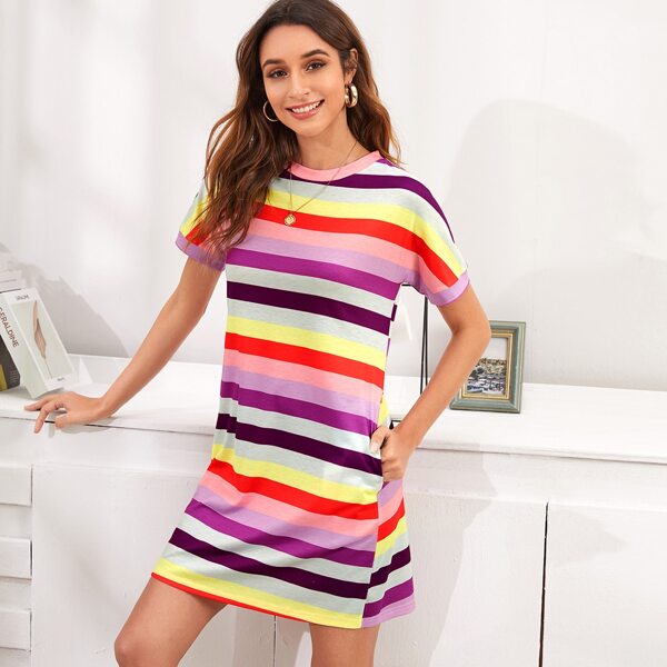 

Multi-Color Striped Side Pocket Tee Dress, Multicolor