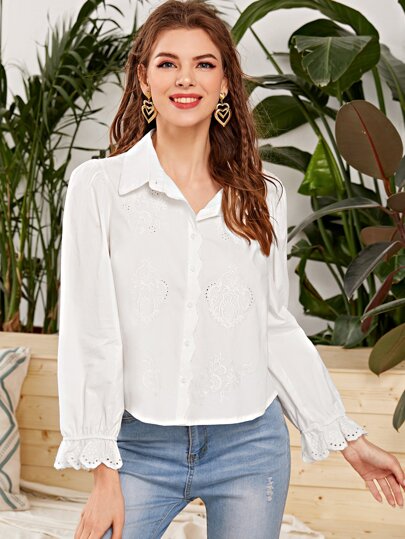 Eyelet Embroidery Button Front Blouse