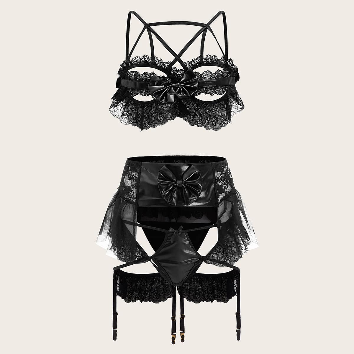 

Ruffle Lace Harness Garter Lingerie Set, Black