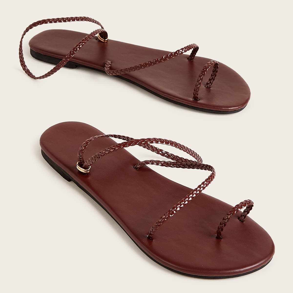 

Toe Ring Braided Thin Band Sandals, Brown