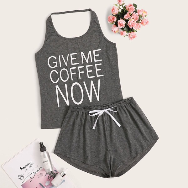 

Slogan Graphic Halter Top & Shorts PJ Set, Grey