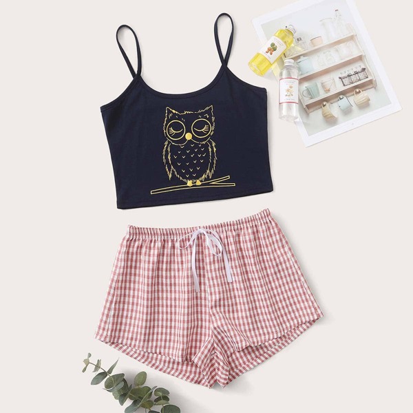 

Owl And Gingham Tie Front Cami PJ Set, Multicolor