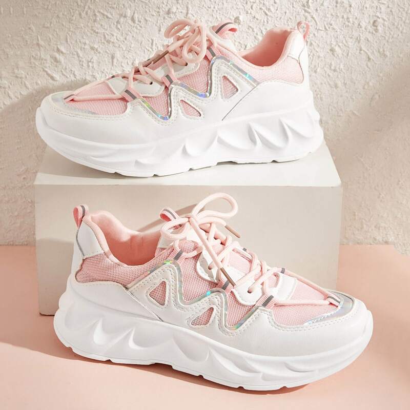 

Lace-up Front Mesh Panel Sneakers, Pink