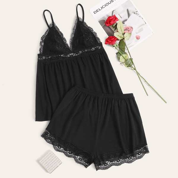 

Contrast Lace Solid Cami PJ Set, Black