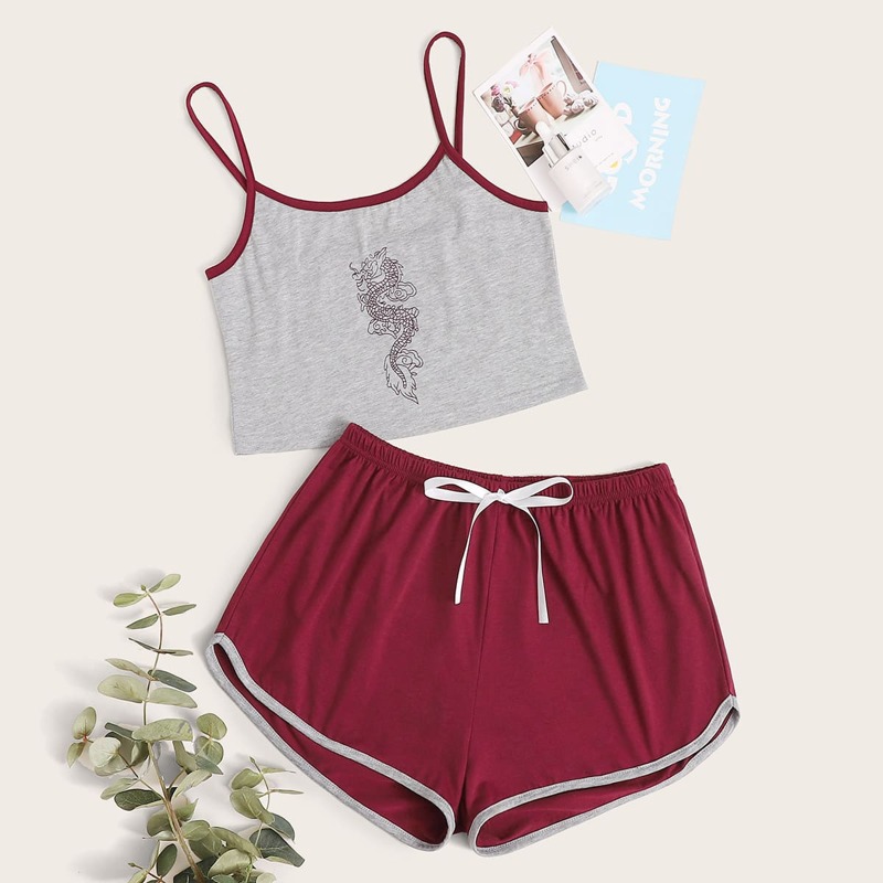 

Contrast Binding Dragon Print Cami PJ Set, Multicolor