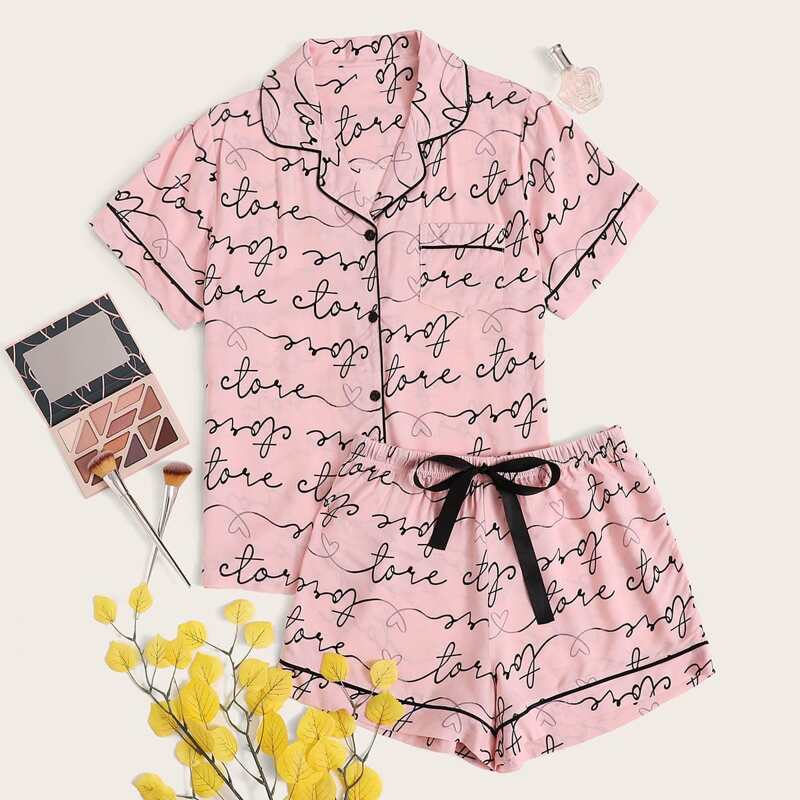 

Contrast Binding Letter Graphic Tie Front PJ Set, Pink