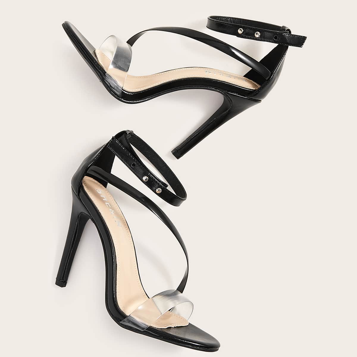 

Clear Open Toe Ankle Strap Stiletto Heels, Black