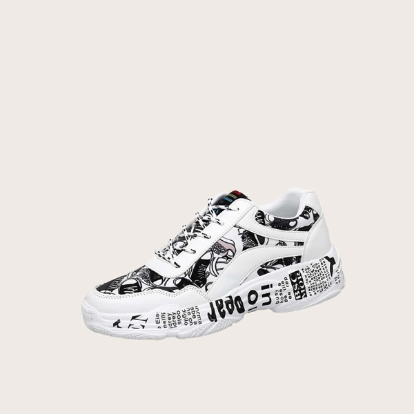 

Lace-up Front Pop Art Print Sneakers, Black and white