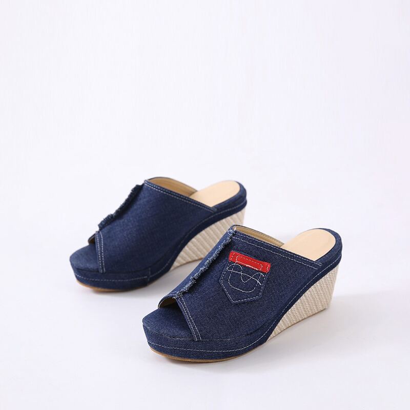 

Denim Peep Toe Wedge Mules, Blue